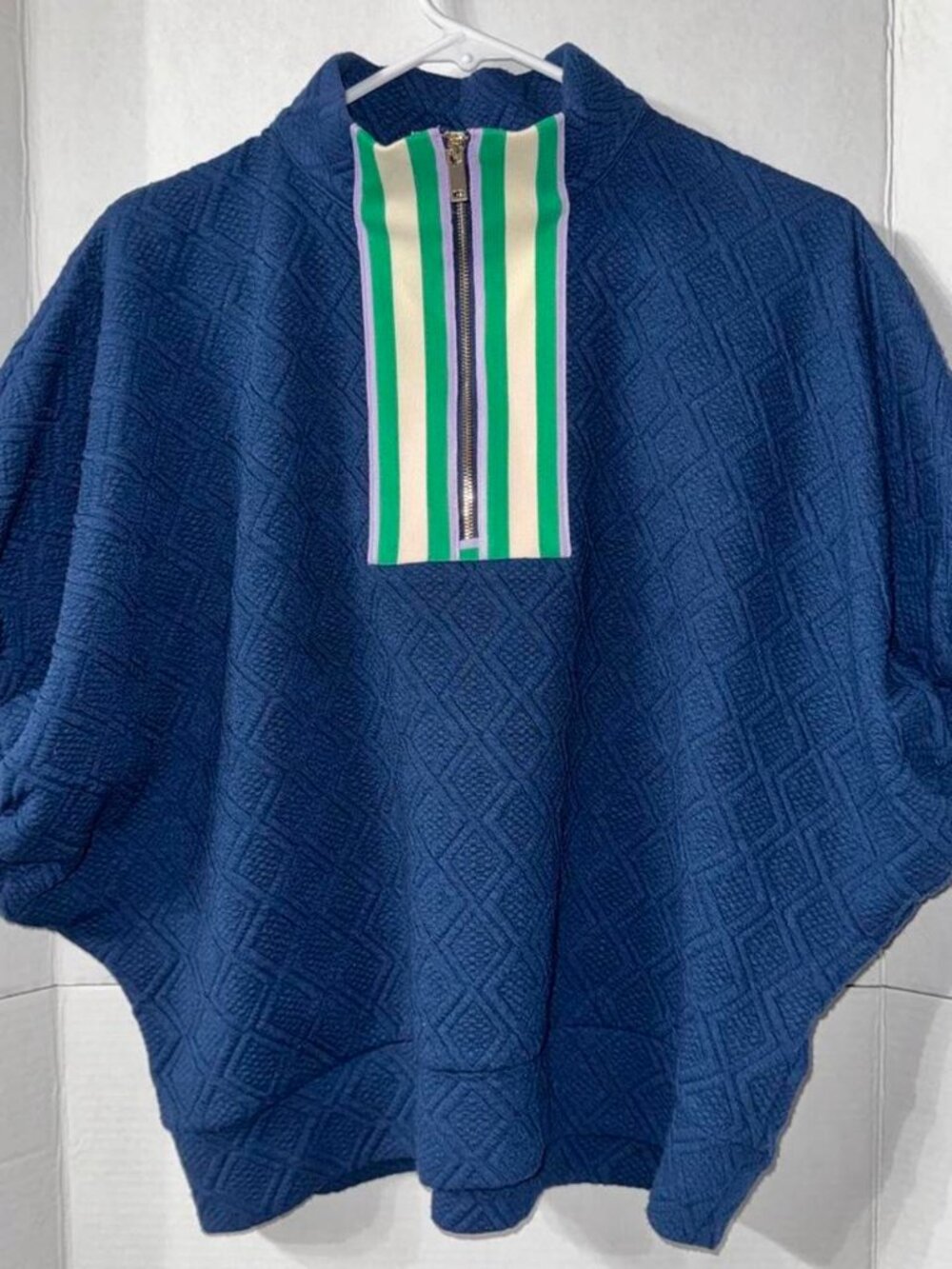 Vintage Homebody Navy Quilted Quarter Zip Poncho Sweater Striped Trim Medium